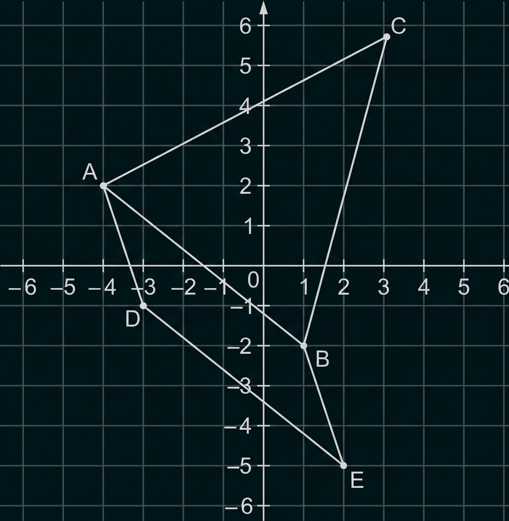Koordinatensystem mit Punkten A, B, C, D und E, verbunden durch Linien.